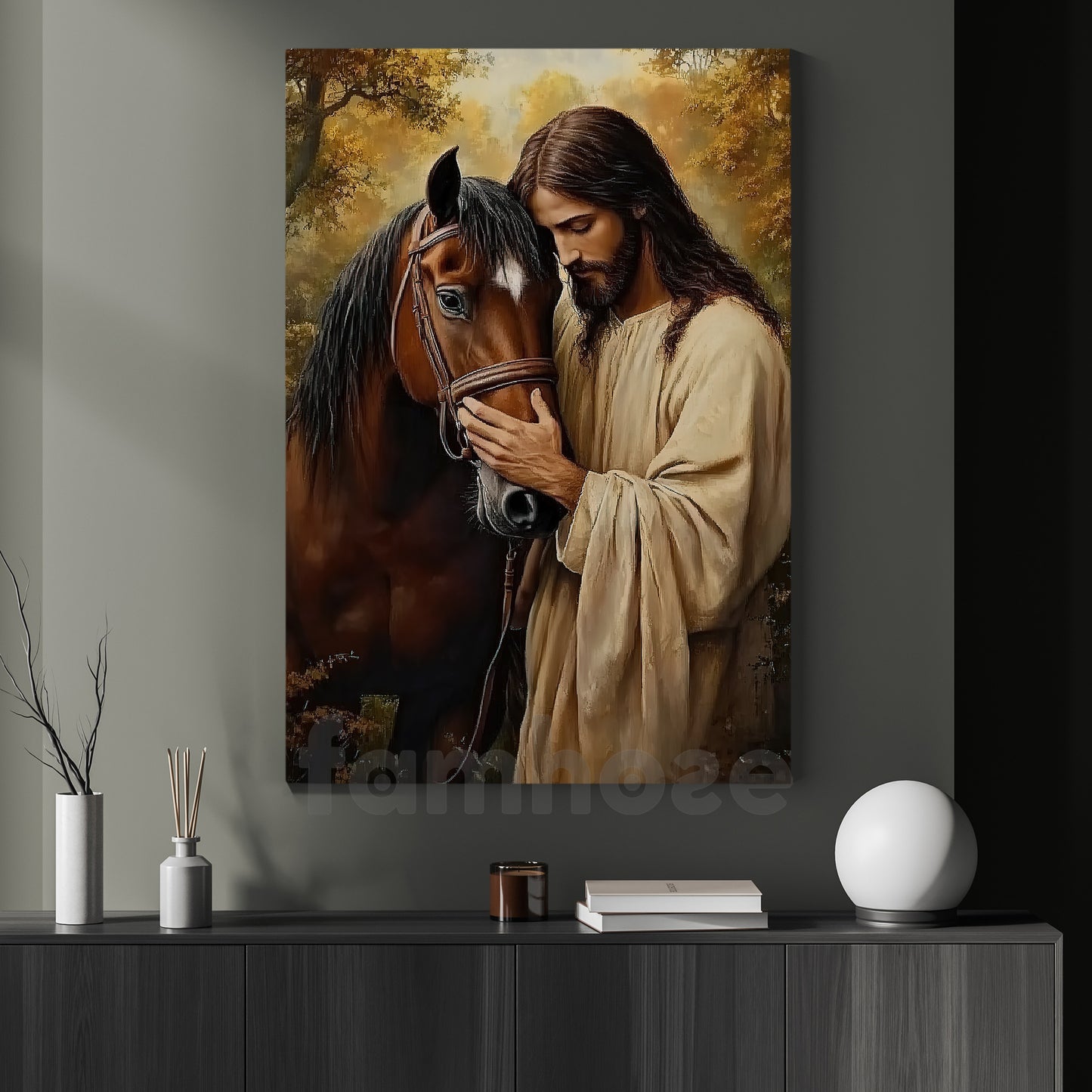 Jesus Horse Canvas Painting, Peaceful Horse And Savior Wall Art Decor, Poster Gift For Christian, Horse Lovers