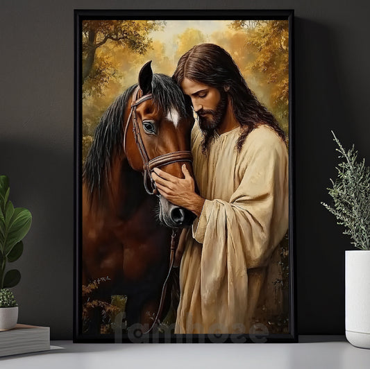 Jesus Horse Canvas Painting, Peaceful Horse And Savior Wall Art Decor, Poster Gift For Christian, Horse Lovers