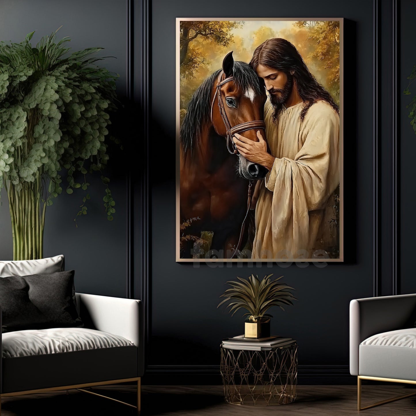 Jesus Horse Canvas Painting, Peaceful Horse And Savior Wall Art Decor, Poster Gift For Christian, Horse Lovers