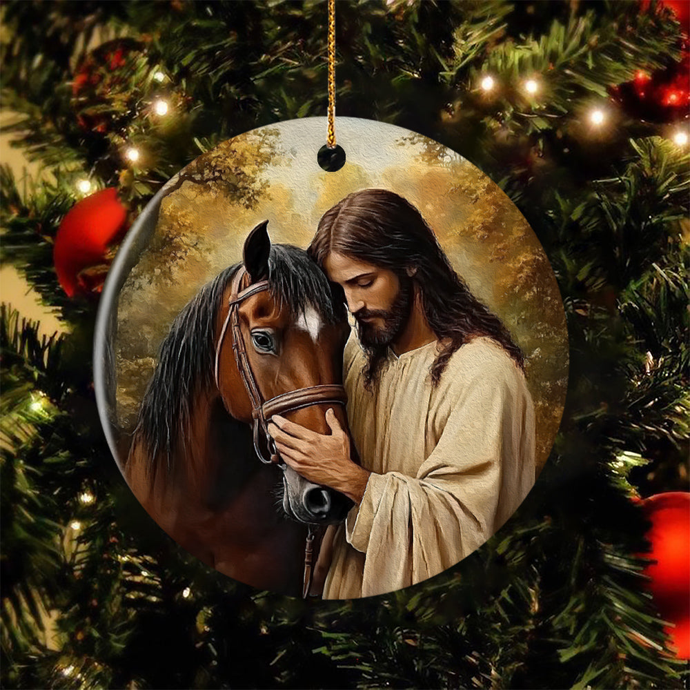 Jesus Horse Circle Ceramic Ornament, Peaceful Horse And Savior Ornament Gift For Christians