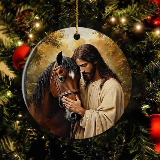 Jesus Horse Circle Ceramic Ornament, Peaceful Horse And Savior Ornament Gift For Christians