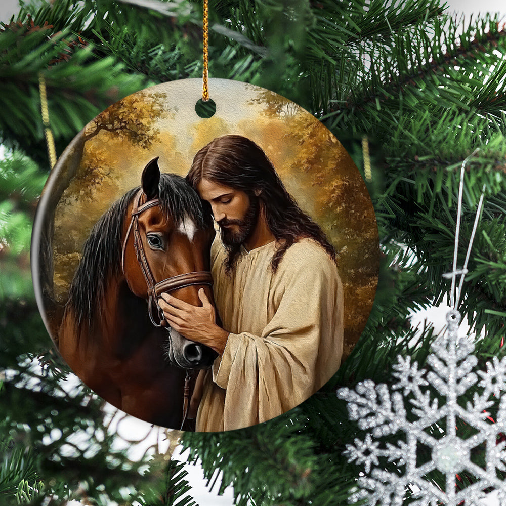 Jesus Horse Circle Ceramic Ornament, Peaceful Horse And Savior Ornament Gift For Christians