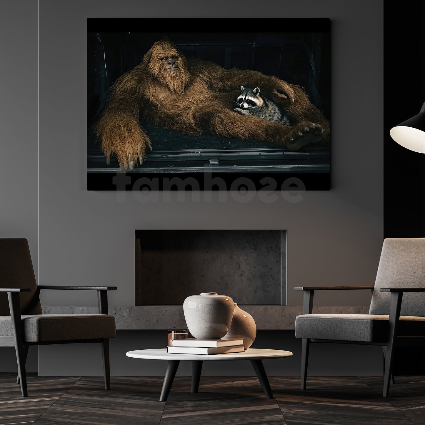 Rustic Bigfoot And Raccoon Canvas Painting, Bigfoot Relaxing With Raccoon Wall Art Decor, Poster Gift For Bigfoot Lovers