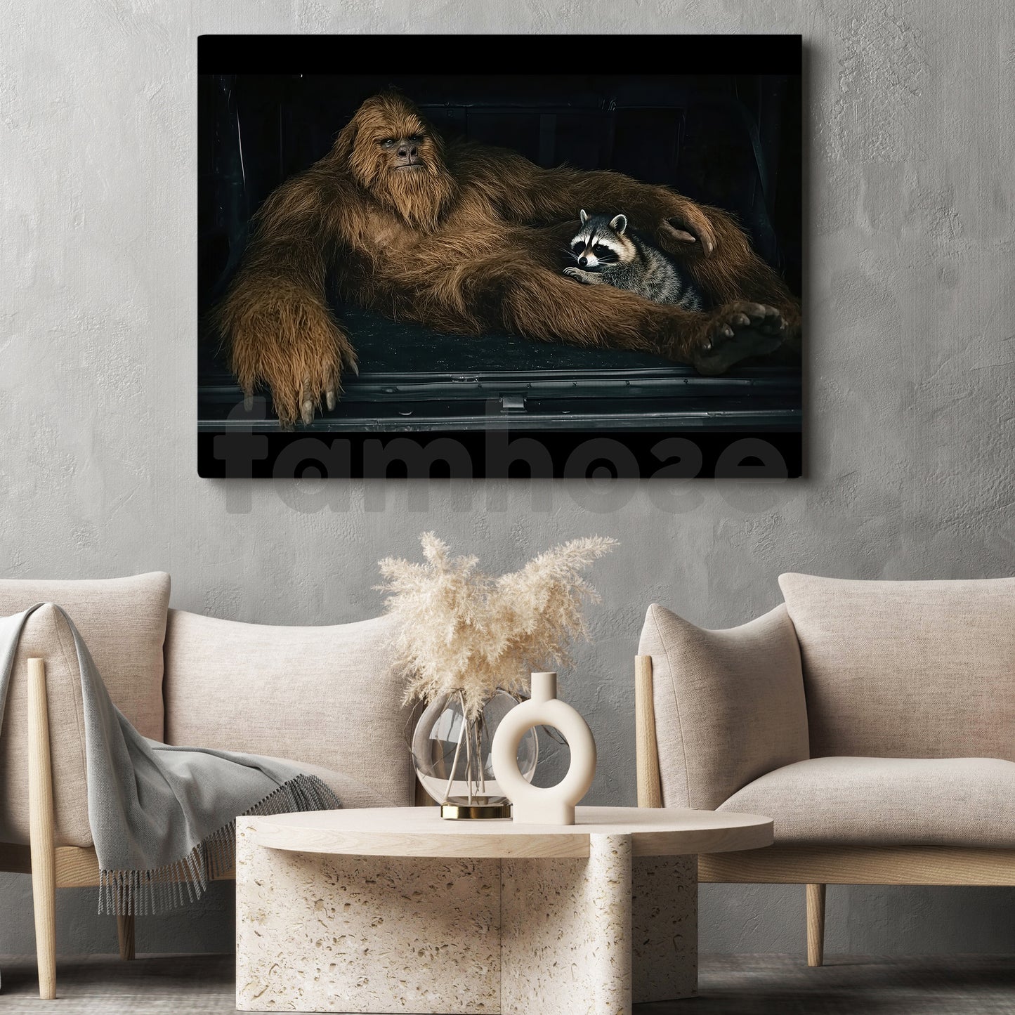 Rustic Bigfoot And Raccoon Canvas Painting, Bigfoot Relaxing With Raccoon Wall Art Decor, Poster Gift For Bigfoot Lovers