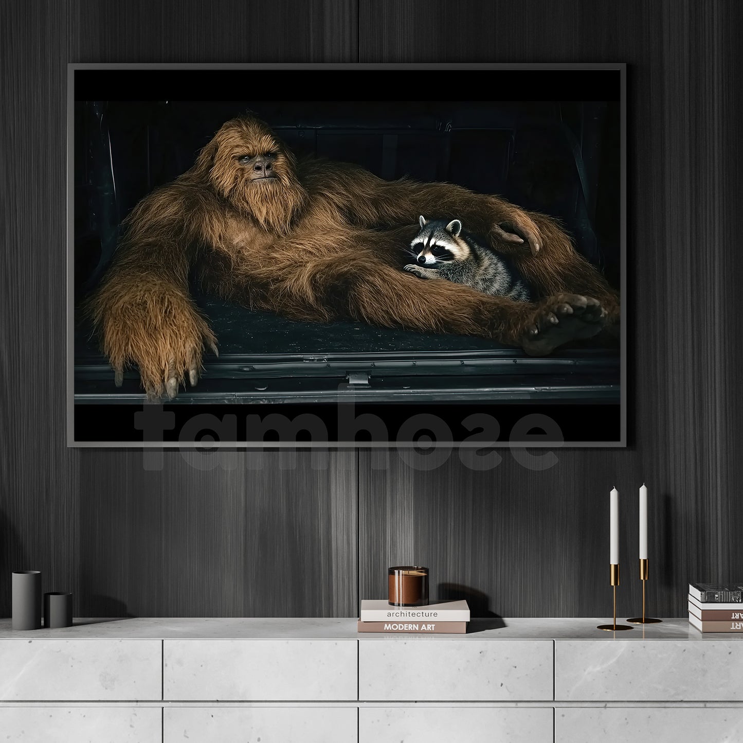 Rustic Bigfoot And Raccoon Canvas Painting, Bigfoot Relaxing With Raccoon Wall Art Decor, Poster Gift For Bigfoot Lovers