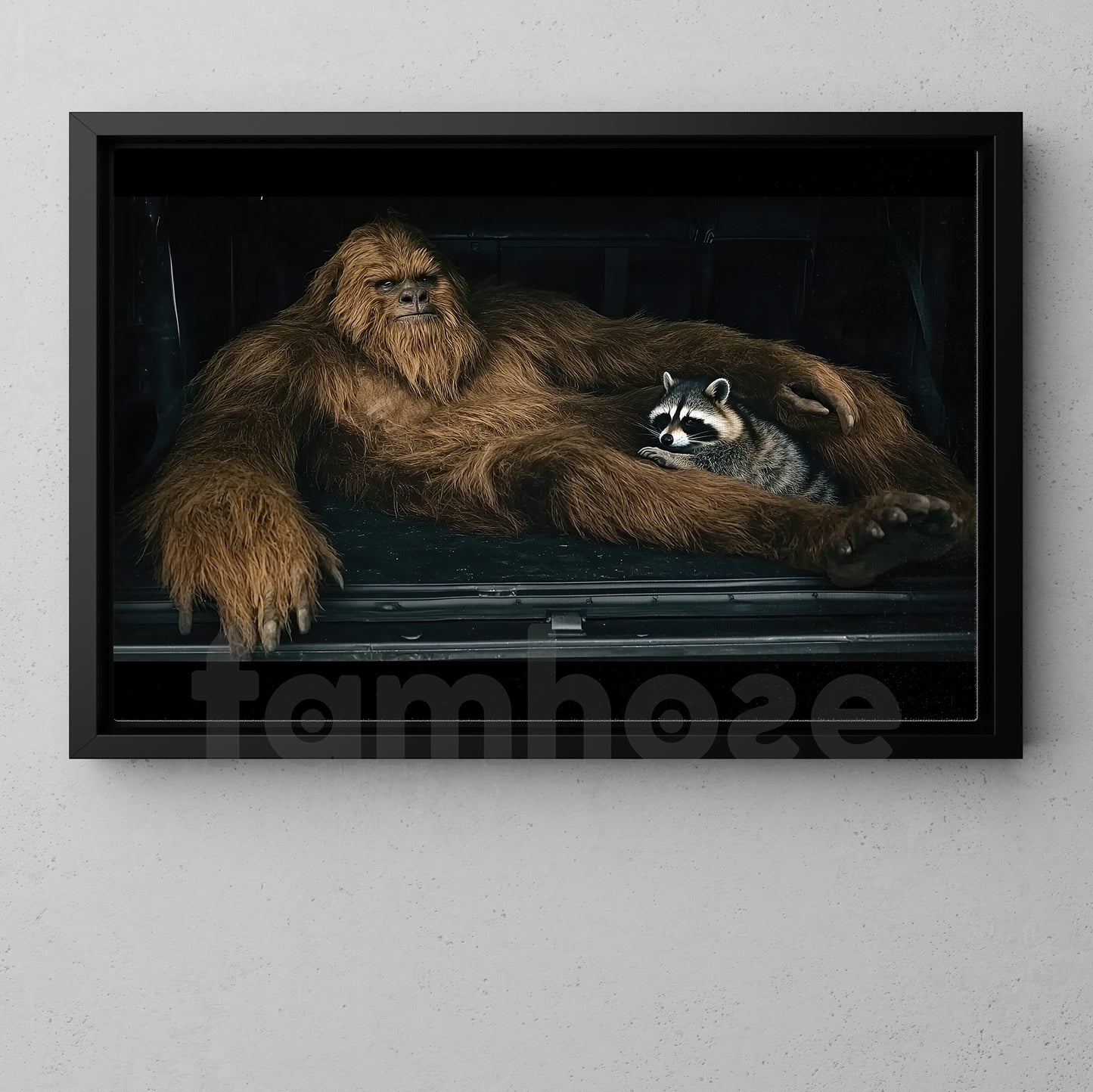 Rustic Bigfoot And Raccoon Canvas Painting, Bigfoot Relaxing With Raccoon Wall Art Decor, Poster Gift For Bigfoot Lovers