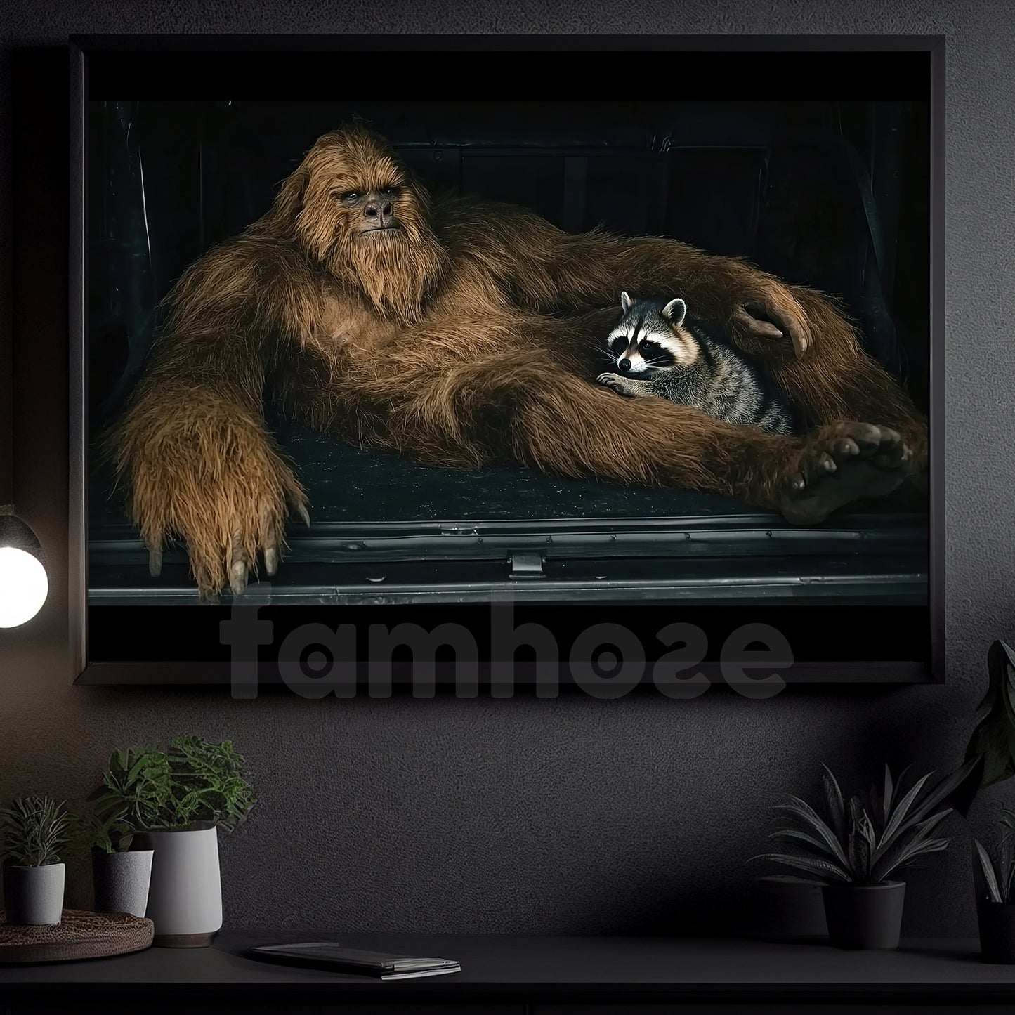 Rustic Bigfoot And Raccoon Canvas Painting, Bigfoot Relaxing With Raccoon Wall Art Decor, Poster Gift For Bigfoot Lovers
