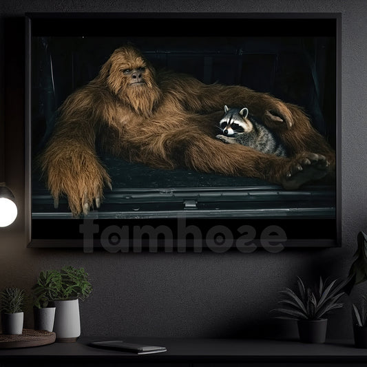 Rustic Bigfoot And Raccoon Canvas Painting, Bigfoot Relaxing With Raccoon Wall Art Decor, Poster Gift For Bigfoot Lovers