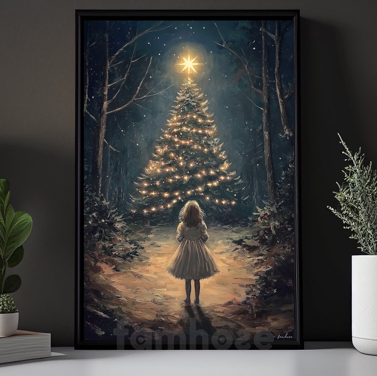 Christmas Pine Tree Canvas Painting, Little Girl In Awe Of Radiant Christmas Tree Wall Art Decor, Xmas Poster Gift