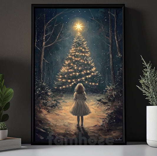 Christmas Pine Tree Canvas Painting, Little Girl In Awe Of Radiant Christmas Tree Wall Art Decor, Xmas Poster Gift