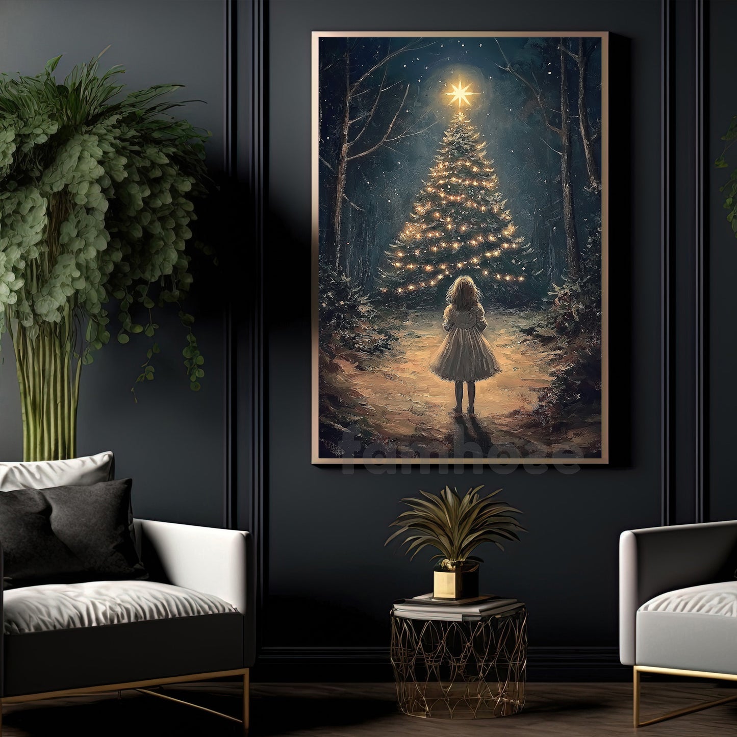 Christmas Pine Tree Canvas Painting, Little Girl In Awe Of Radiant Christmas Tree Wall Art Decor, Xmas Poster Gift
