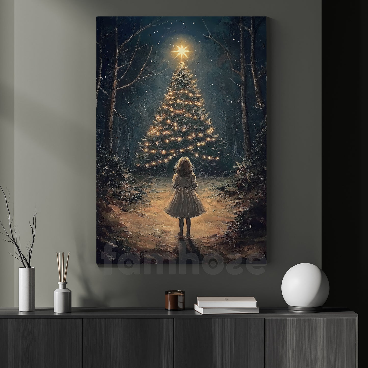 Christmas Pine Tree Canvas Painting, Little Girl In Awe Of Radiant Christmas Tree Wall Art Decor, Xmas Poster Gift