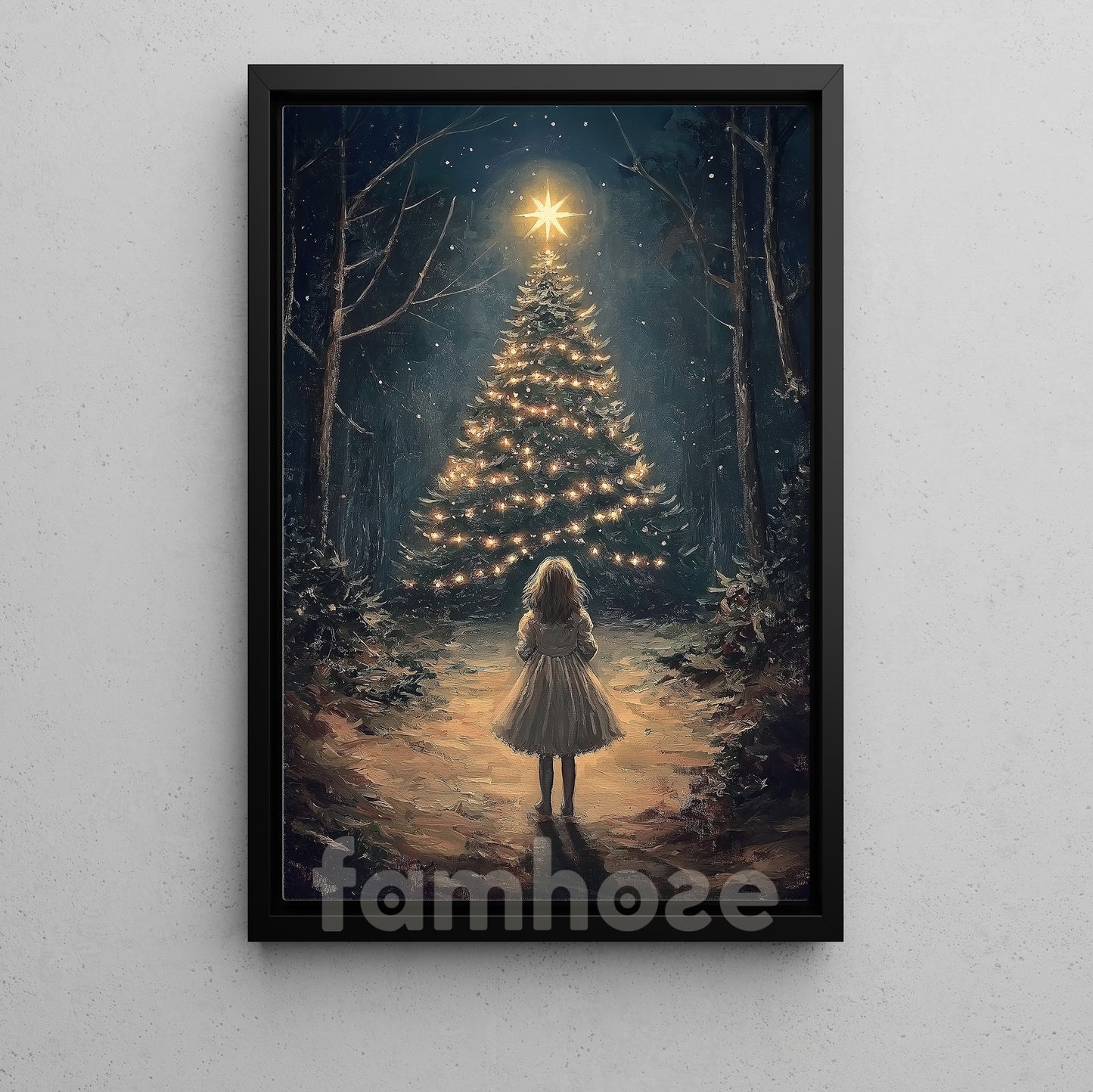 Christmas Pine Tree Canvas Painting, Little Girl In Awe Of Radiant Christmas Tree Wall Art Decor, Xmas Poster Gift