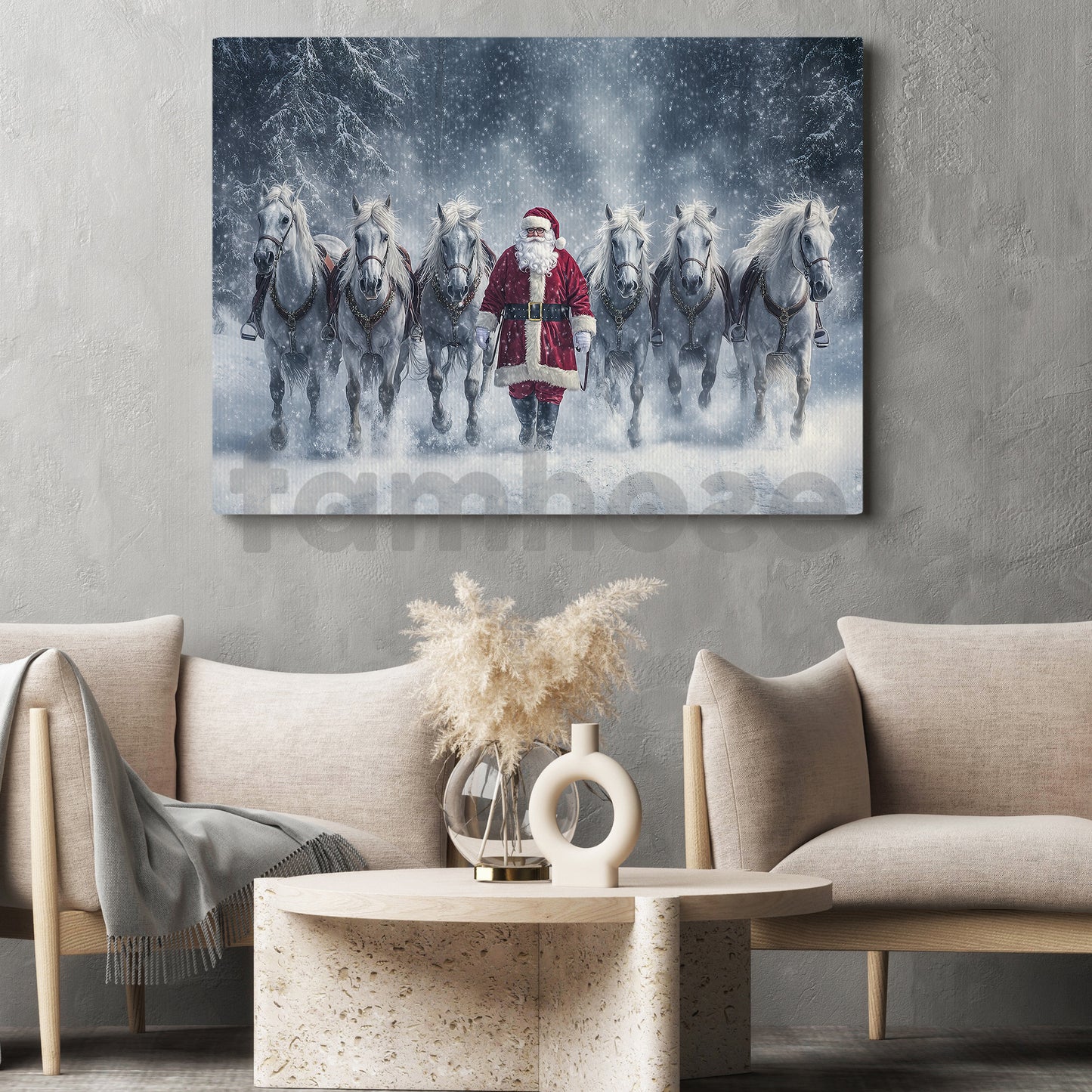Christmas Horse Canvas Painting, Santa Claus And His Friends Wall Art Decor, Xmas Poster Gift For Horse Lovers