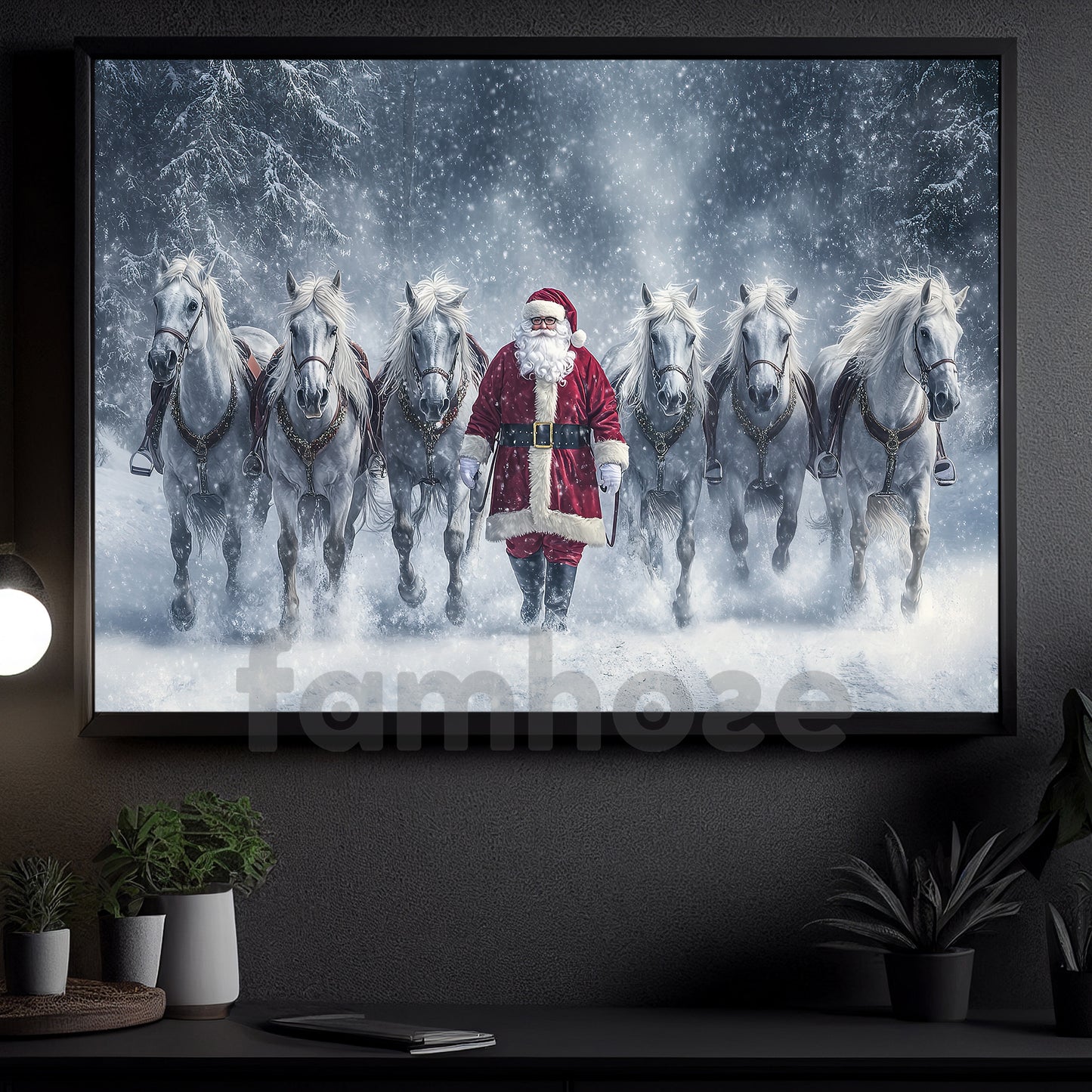 Christmas Horse Canvas Painting, Santa Claus And His Friends Wall Art Decor, Xmas Poster Gift For Horse Lovers