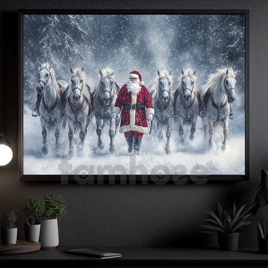Christmas Horse Canvas Painting, Santa Claus And His Friends Wall Art Decor, Xmas Poster Gift For Horse Lovers