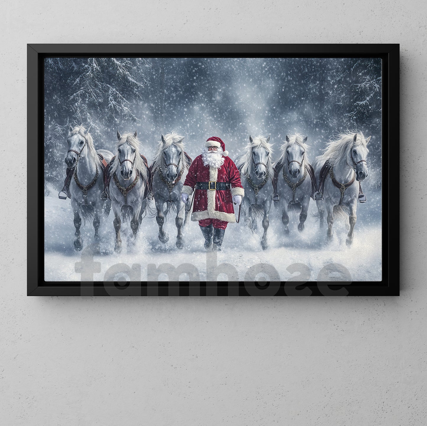 Christmas Horse Canvas Painting, Santa Claus And His Friends Wall Art Decor, Xmas Poster Gift For Horse Lovers