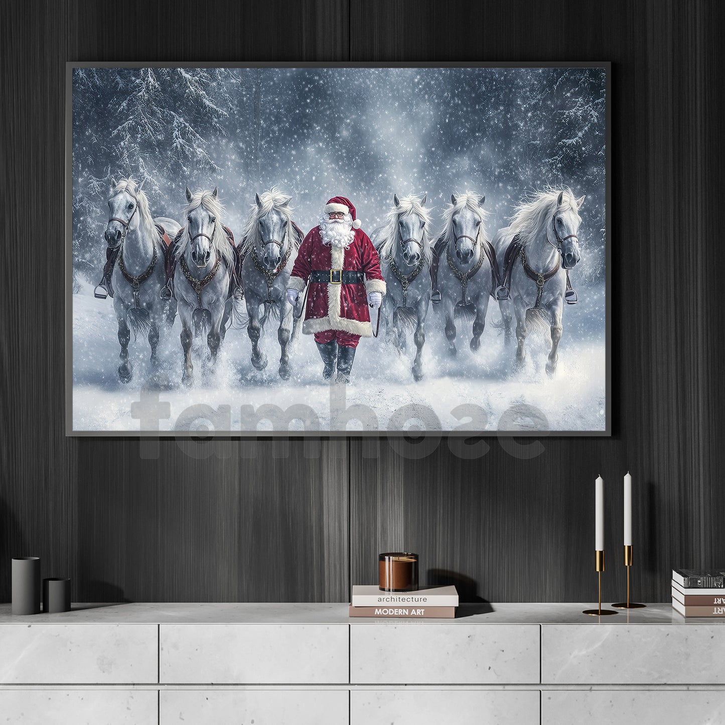 Christmas Horse Canvas Painting, Santa Claus And His Friends Wall Art Decor, Xmas Poster Gift For Horse Lovers