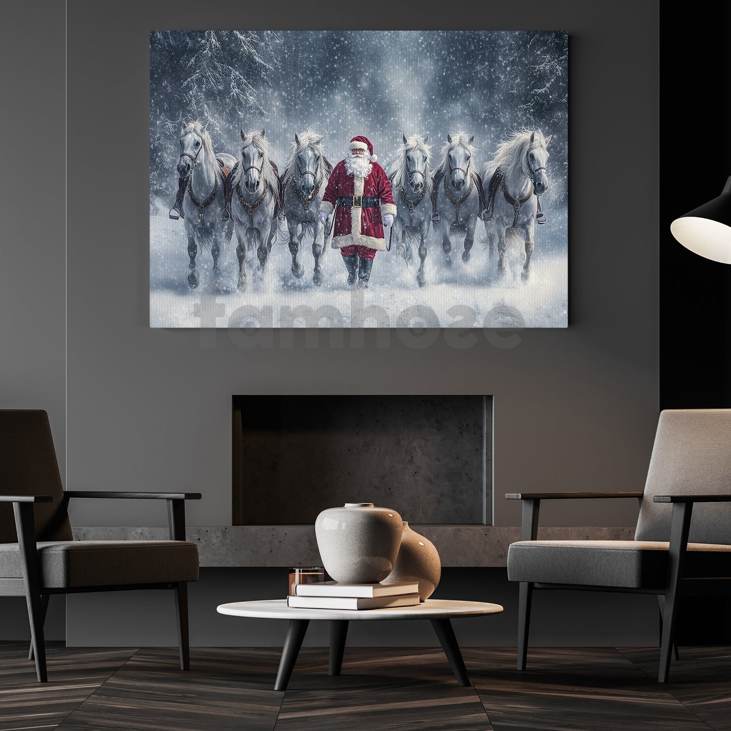 Christmas Horse Canvas Painting, Santa Claus And His Friends Wall Art Decor, Xmas Poster Gift For Horse Lovers