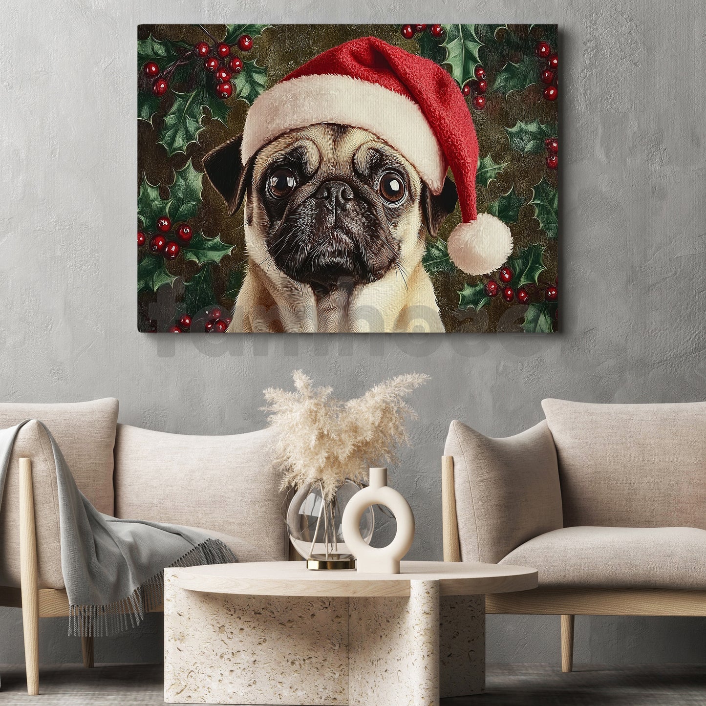 Christmas Pug Canvas Painting, Christmas Pug Wall Art Decor, Xmas Poster Gift For Dog Lovers