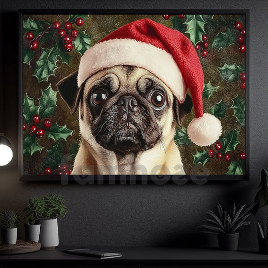 Christmas Pug Canvas Painting, Christmas Pug Wall Art Decor, Xmas Poster Gift For Dog Lovers