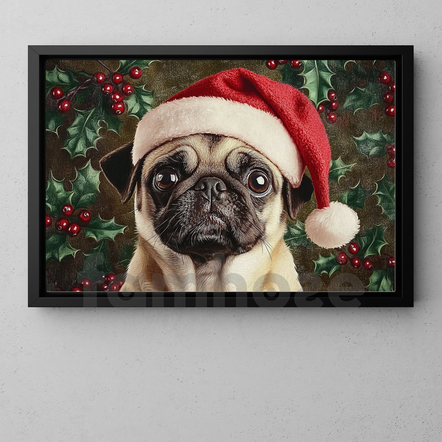 Christmas Pug Canvas Painting, Christmas Pug Wall Art Decor, Xmas Poster Gift For Dog Lovers