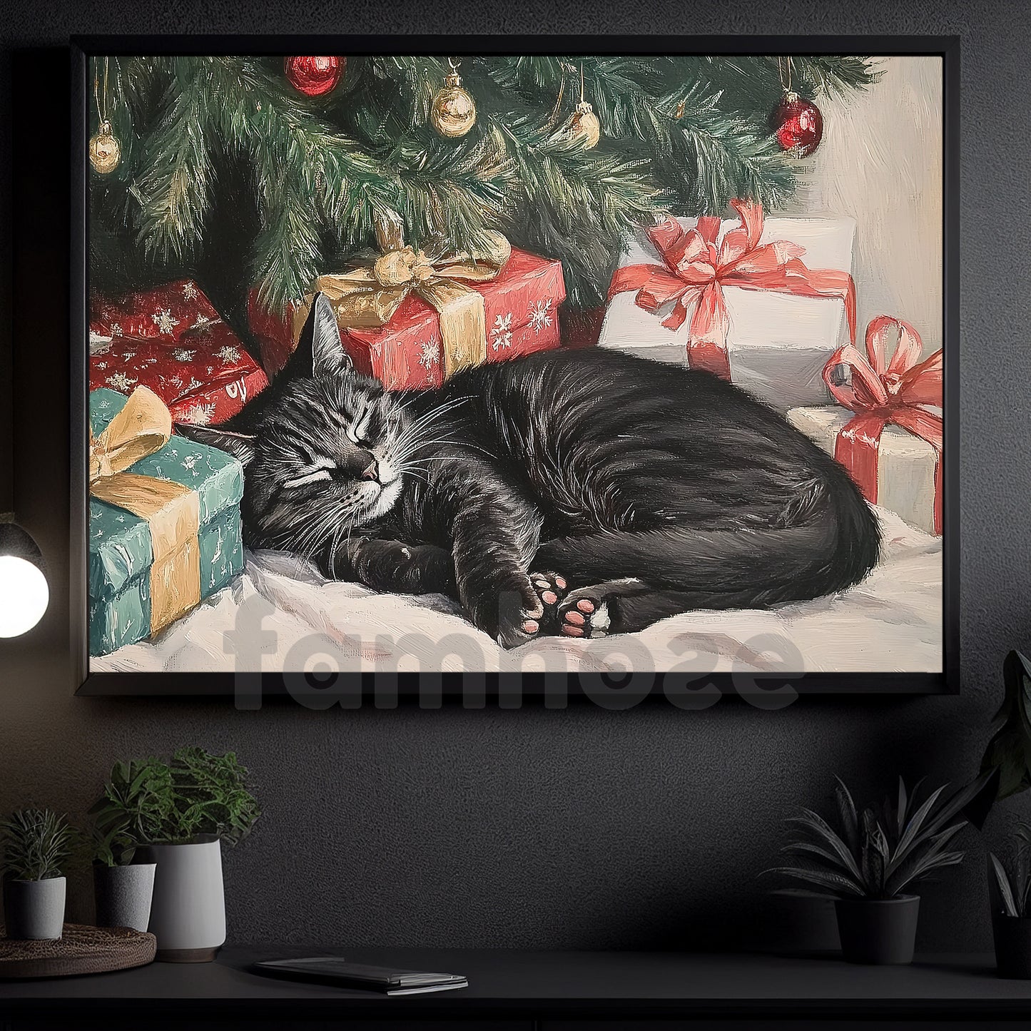 Cozy Christmas Cat Canvas Painting, Sleeping Cat Under Christmas Tree Wall Art Decor, Poster Gift For Cat Lovers