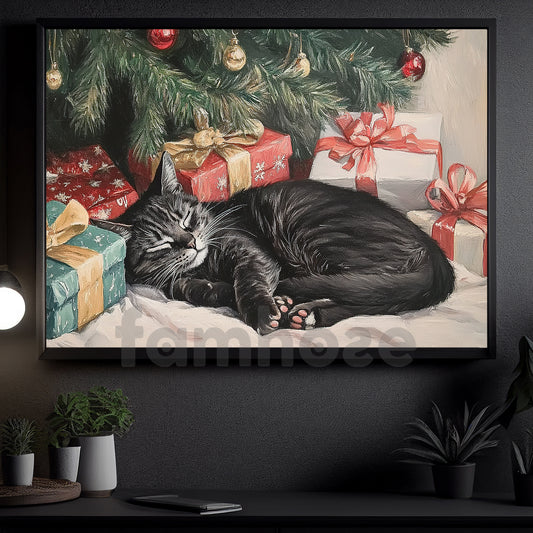 Cozy Christmas Cat Canvas Painting, Sleeping Cat Under Christmas Tree Wall Art Decor, Poster Gift For Cat Lovers