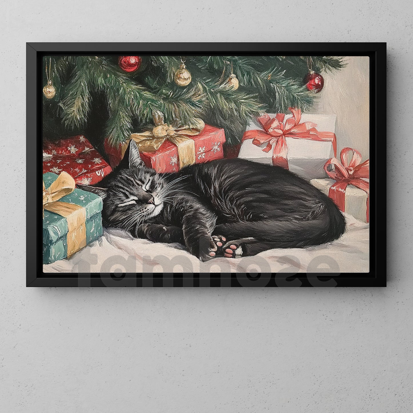 Cozy Christmas Cat Canvas Painting, Sleeping Cat Under Christmas Tree Wall Art Decor, Poster Gift For Cat Lovers