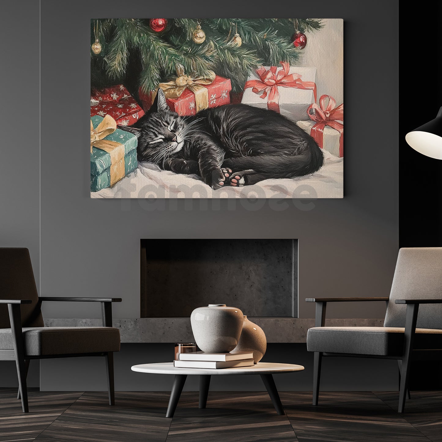 Cozy Christmas Cat Canvas Painting, Sleeping Cat Under Christmas Tree Wall Art Decor, Poster Gift For Cat Lovers
