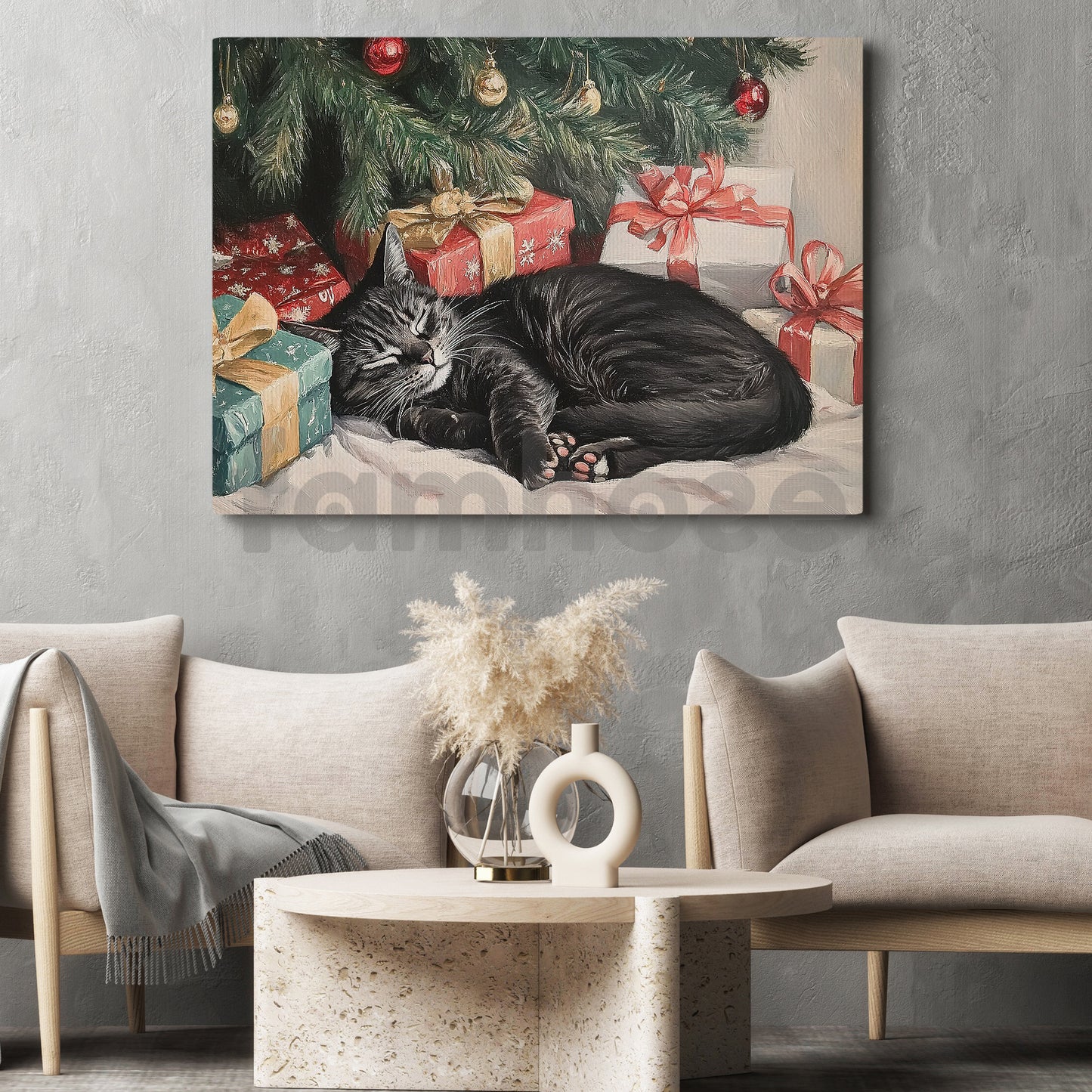 Cozy Christmas Cat Canvas Painting, Sleeping Cat Under Christmas Tree Wall Art Decor, Poster Gift For Cat Lovers