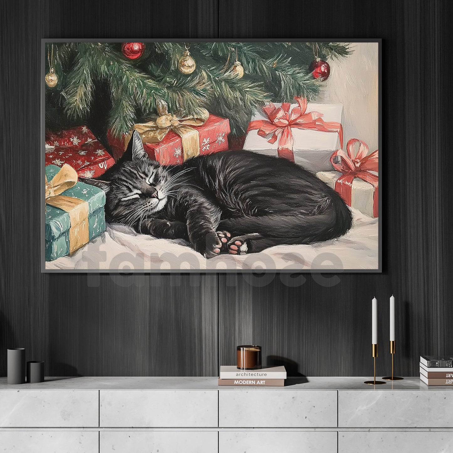 Cozy Christmas Cat Canvas Painting, Sleeping Cat Under Christmas Tree Wall Art Decor, Poster Gift For Cat Lovers