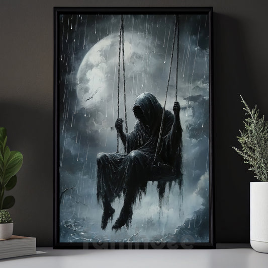 Mysterious Grim Reaper Canvas Painting, Creepy Death Figure Under Rain Wall Art Decor, Poster Gift For Horror Lovers
