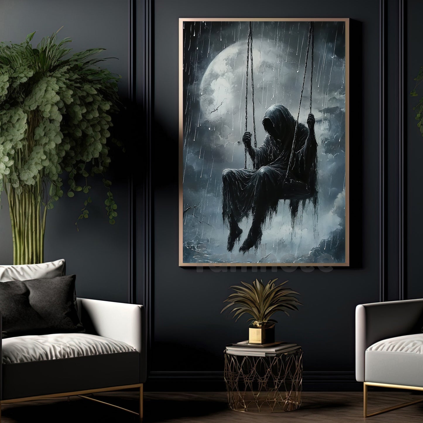 Mysterious Grim Reaper Canvas Painting, Creepy Death Figure Under Rain Wall Art Decor, Poster Gift For Horror Lovers
