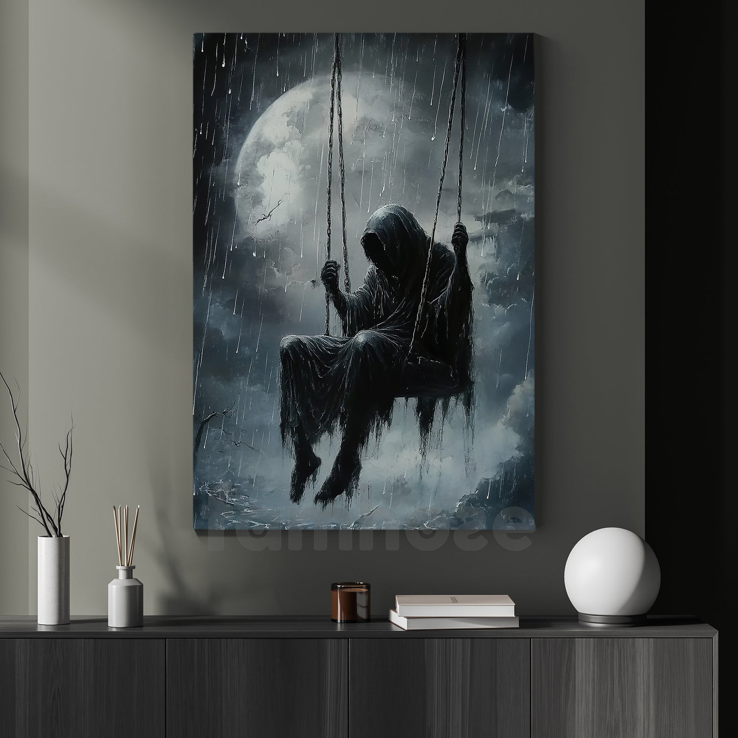 Mysterious Grim Reaper Canvas Painting, Creepy Death Figure Under Rain Wall Art Decor, Poster Gift For Horror Lovers