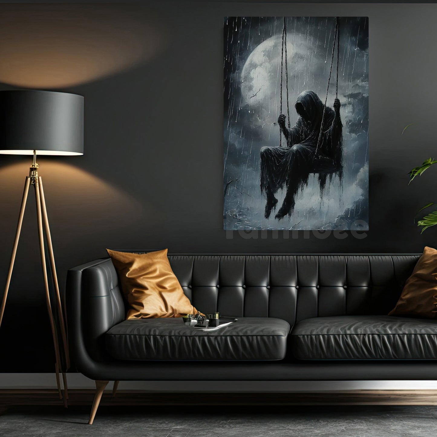 Mysterious Grim Reaper Canvas Painting, Creepy Death Figure Under Rain Wall Art Decor, Poster Gift For Horror Lovers