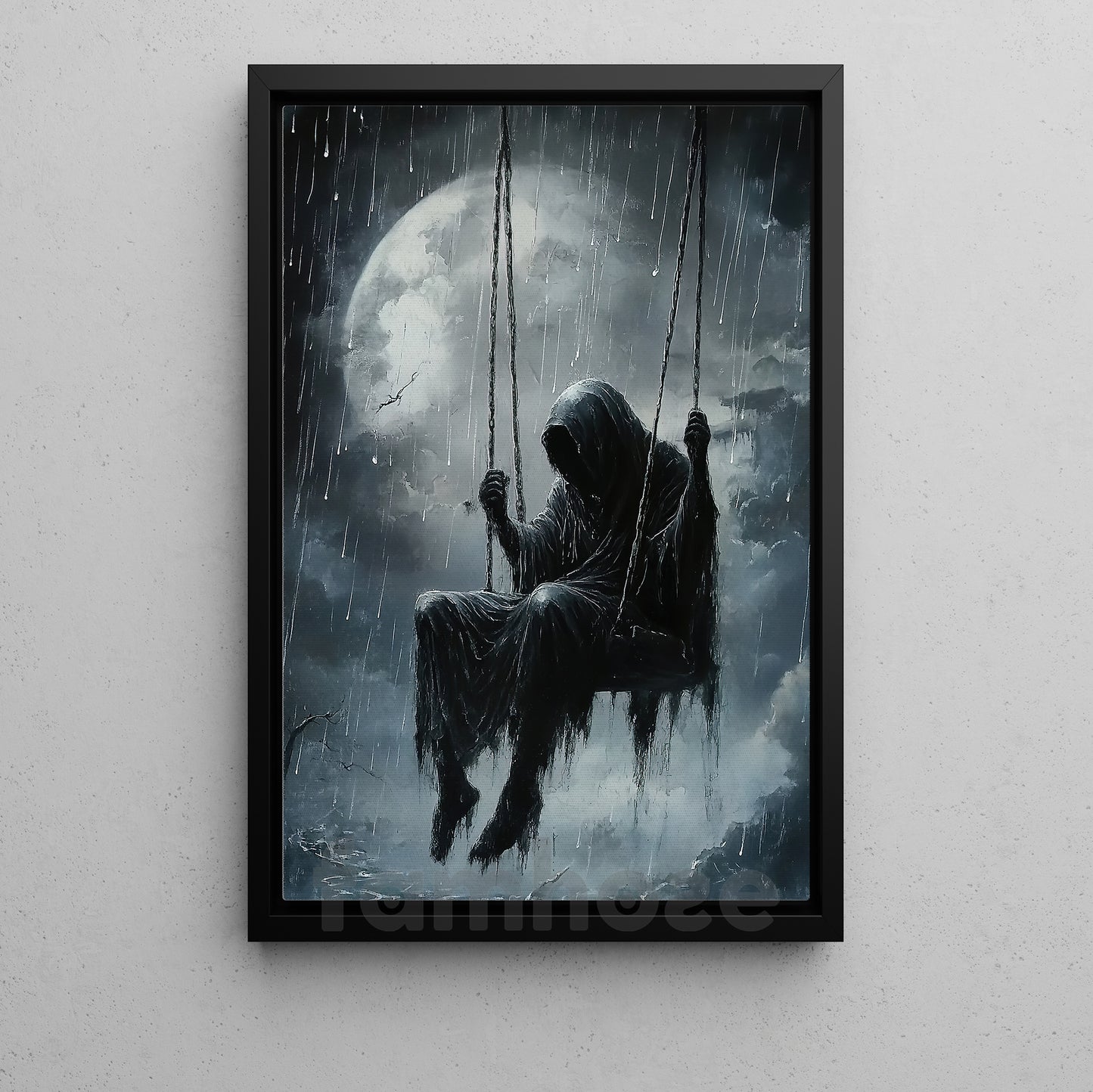 Mysterious Grim Reaper Canvas Painting, Creepy Death Figure Under Rain Wall Art Decor, Poster Gift For Horror Lovers