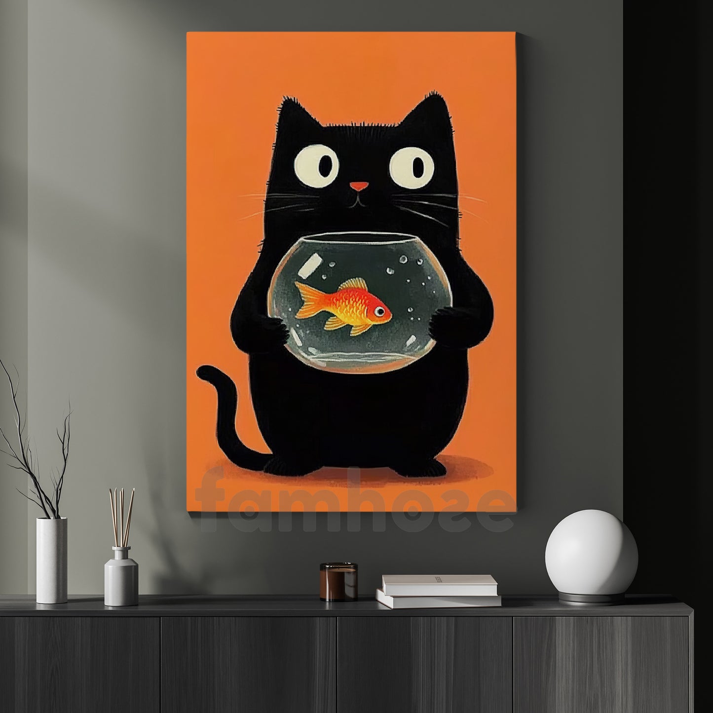 Funny Cat Canvas Painting, Black Cat’s Goldfish Secret Wall Art Decor, Poster Gift For Cat Lovers