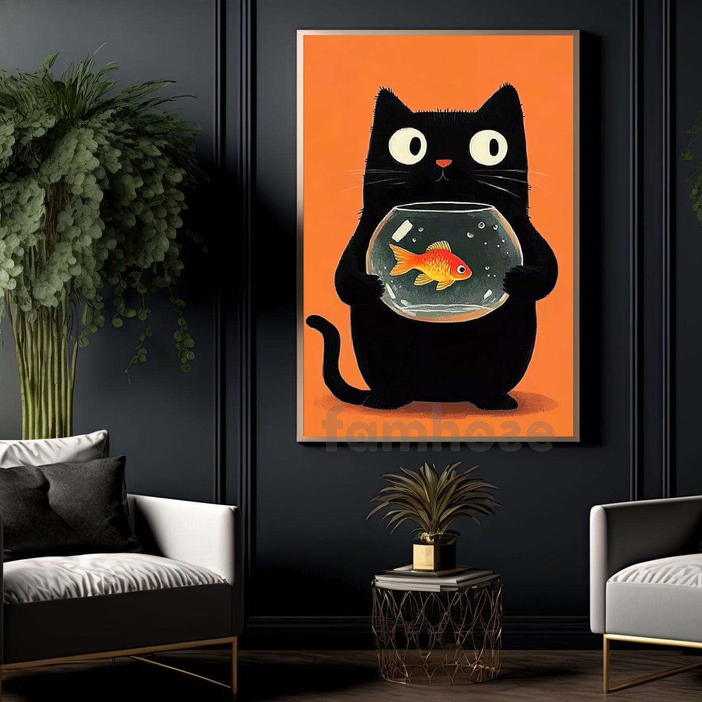 Funny Cat Canvas Painting, Black Cat’s Goldfish Secret Wall Art Decor, Poster Gift For Cat Lovers