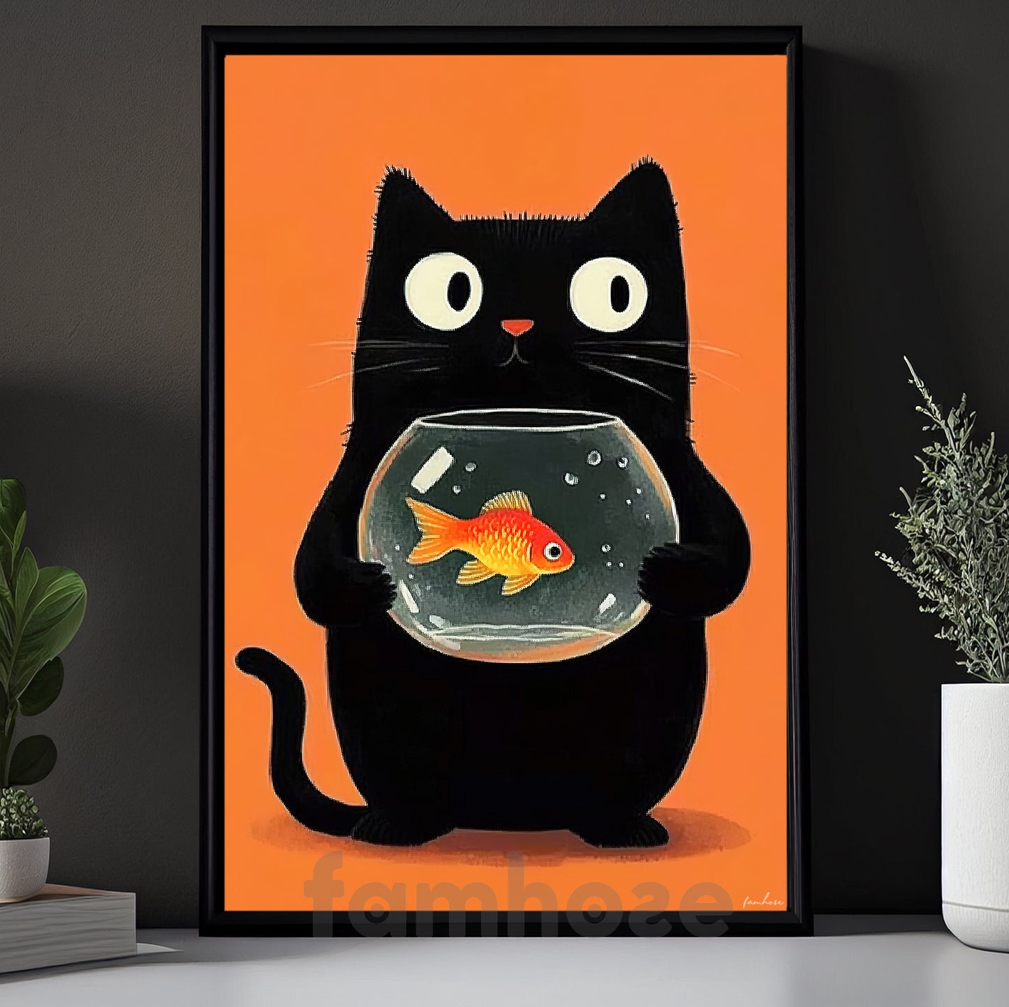 Funny Cat Canvas Painting, Black Cat’s Goldfish Secret Wall Art Decor, Poster Gift For Cat Lovers
