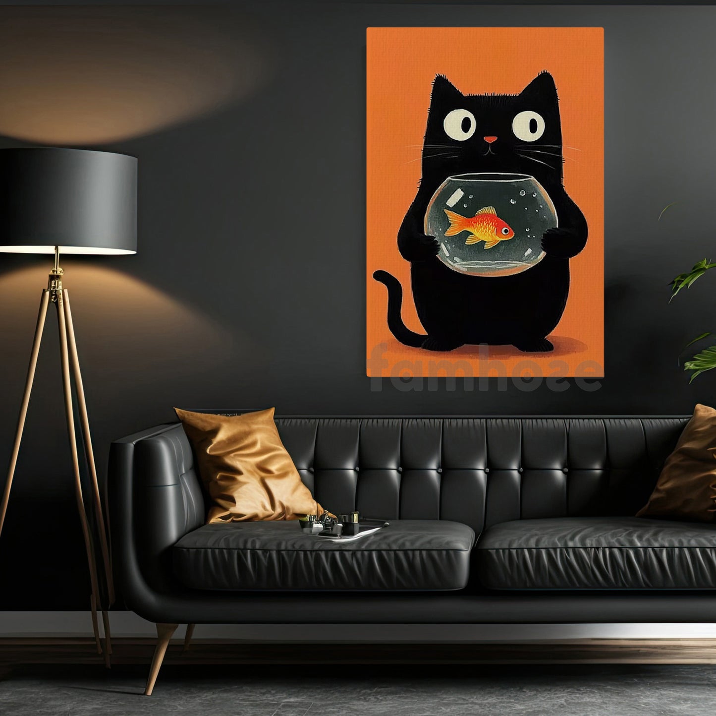 Funny Cat Canvas Painting, Black Cat’s Goldfish Secret Wall Art Decor, Poster Gift For Cat Lovers