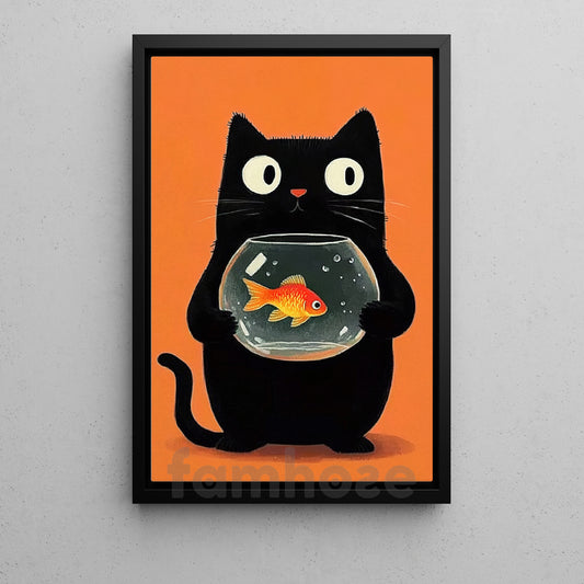 Funny Cat Canvas Painting, Black Cat’s Goldfish Secret Wall Art Decor, Poster Gift For Cat Lovers
