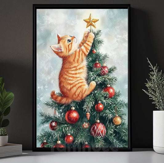 Funny Christmas Cat Canvas Painting, Playful Kitten On Christmas Tree Wall Art Decor Xmas Poster Gift For Cat Lovers