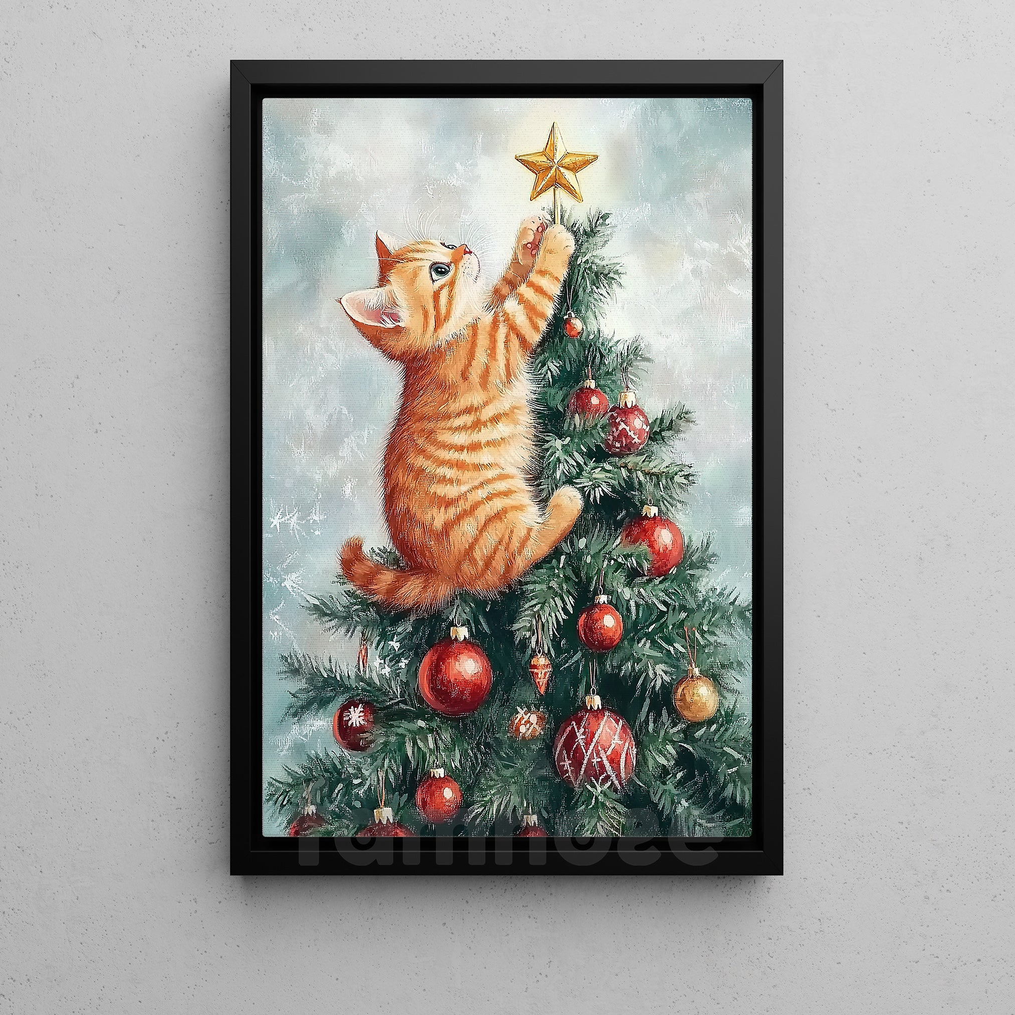 Funny Christmas Cat Canvas Painting, Playful Kitten On Christmas