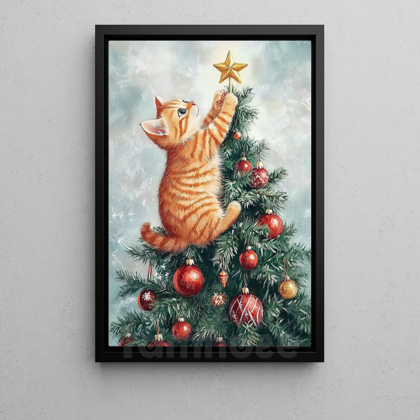Funny Christmas Cat Canvas Painting, Playful Kitten On Christmas Tree Wall Art Decor Xmas Poster Gift For Cat Lovers