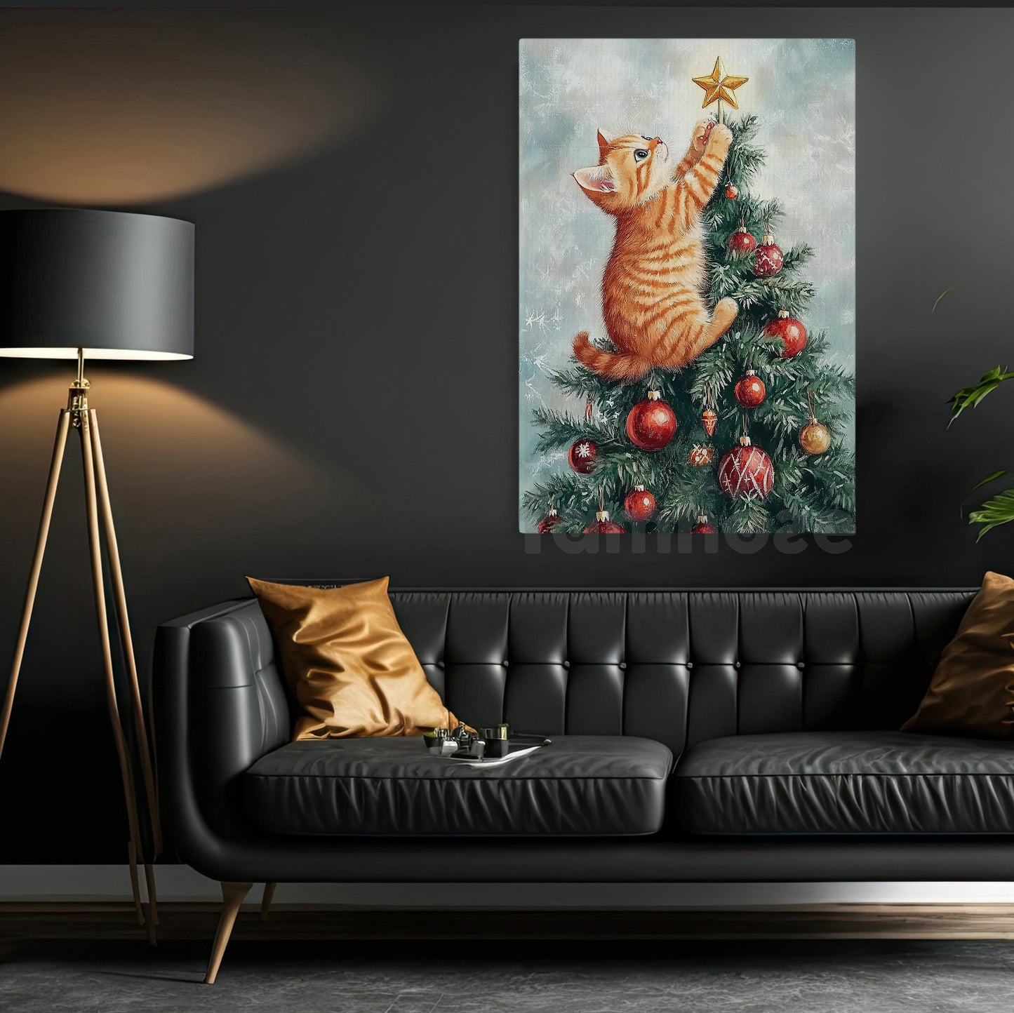 Funny Christmas Cat Canvas Painting, Playful Kitten On Christmas Tree Wall Art Decor Xmas Poster Gift For Cat Lovers