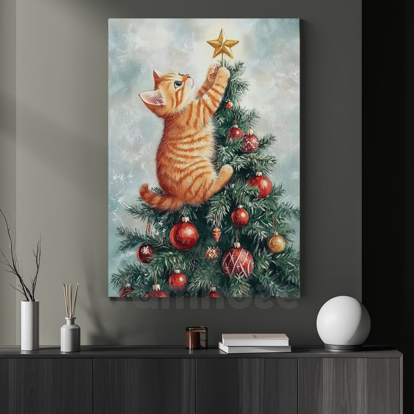 Funny Christmas Cat Canvas Painting, Playful Kitten On Christmas Tree Wall Art Decor Xmas Poster Gift For Cat Lovers