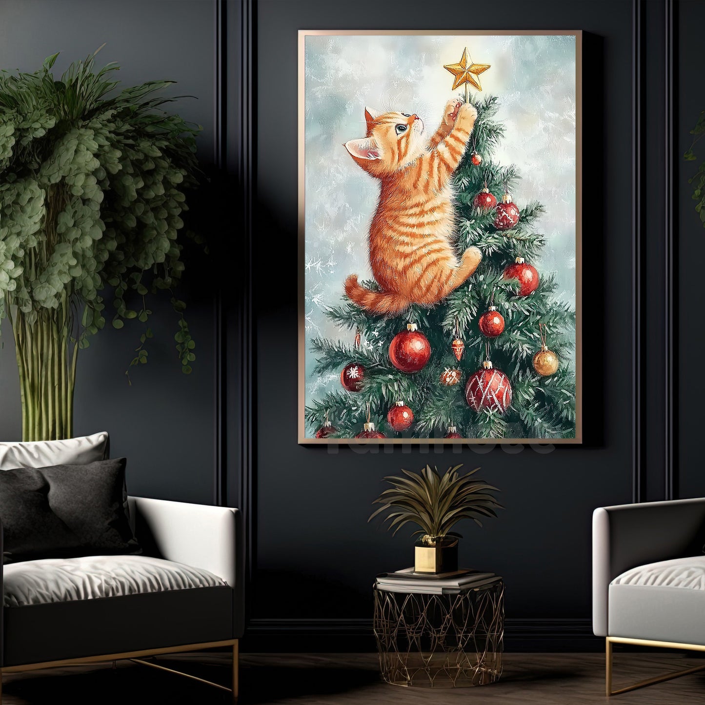 Funny Christmas Cat Canvas Painting, Playful Kitten On Christmas Tree Wall Art Decor Xmas Poster Gift For Cat Lovers