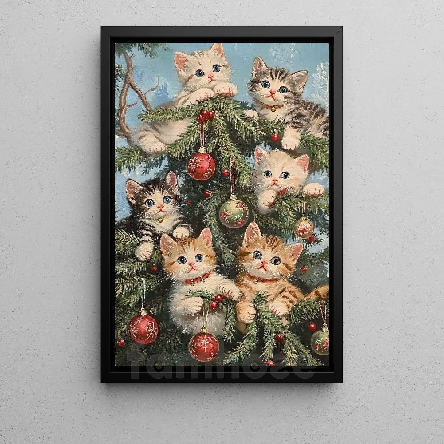 Cute Christmas Cat Canvas Painting, Curious Kittens And Ornaments Wall Art Decor Xmas Poster Gift For Cat Lovers