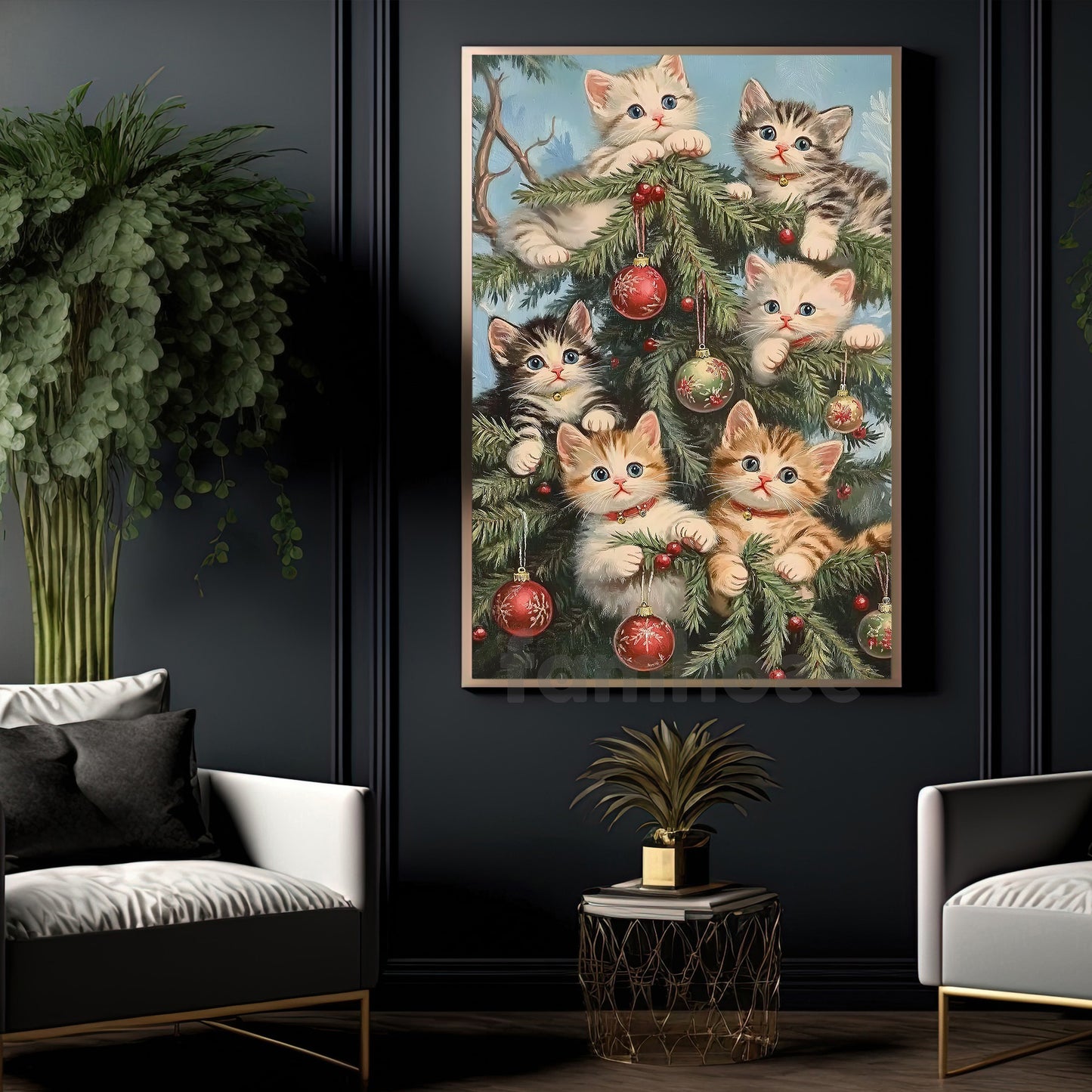 Cute Christmas Cat Canvas Painting, Curious Kittens And Ornaments Wall Art Decor Xmas Poster Gift For Cat Lovers